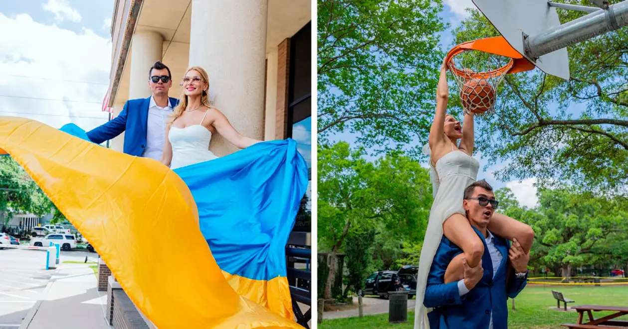 Весільна фотосесія Звонових – топ! Із українським прапором та на баскетбольному майданчику