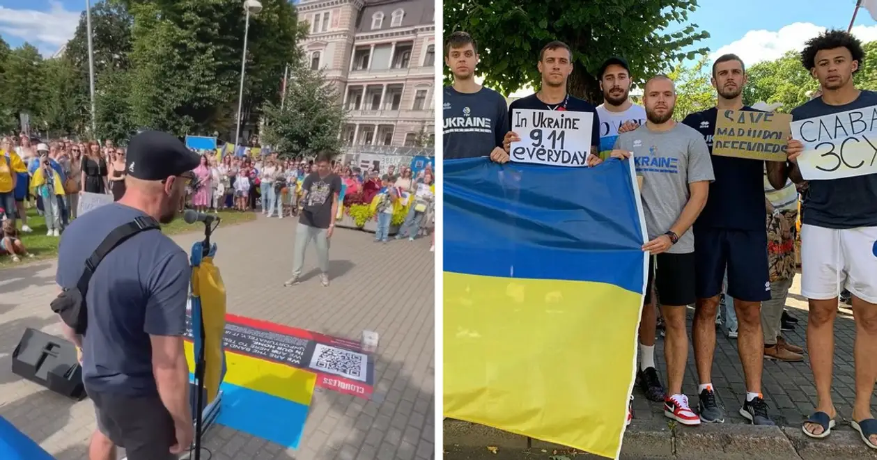 Співали «Червону калину» навпроти російського посольства! Гравці збірної України з баскетболу взяли участь у мітингу на підтримку героїв «Азовсталі»