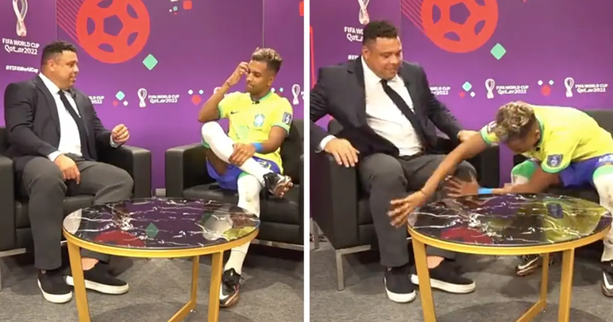 Коли зустрів кумира. Гравець збірної Бразилії погладив ноги Роналдо прямо під час ефіру (ВІДЕО)