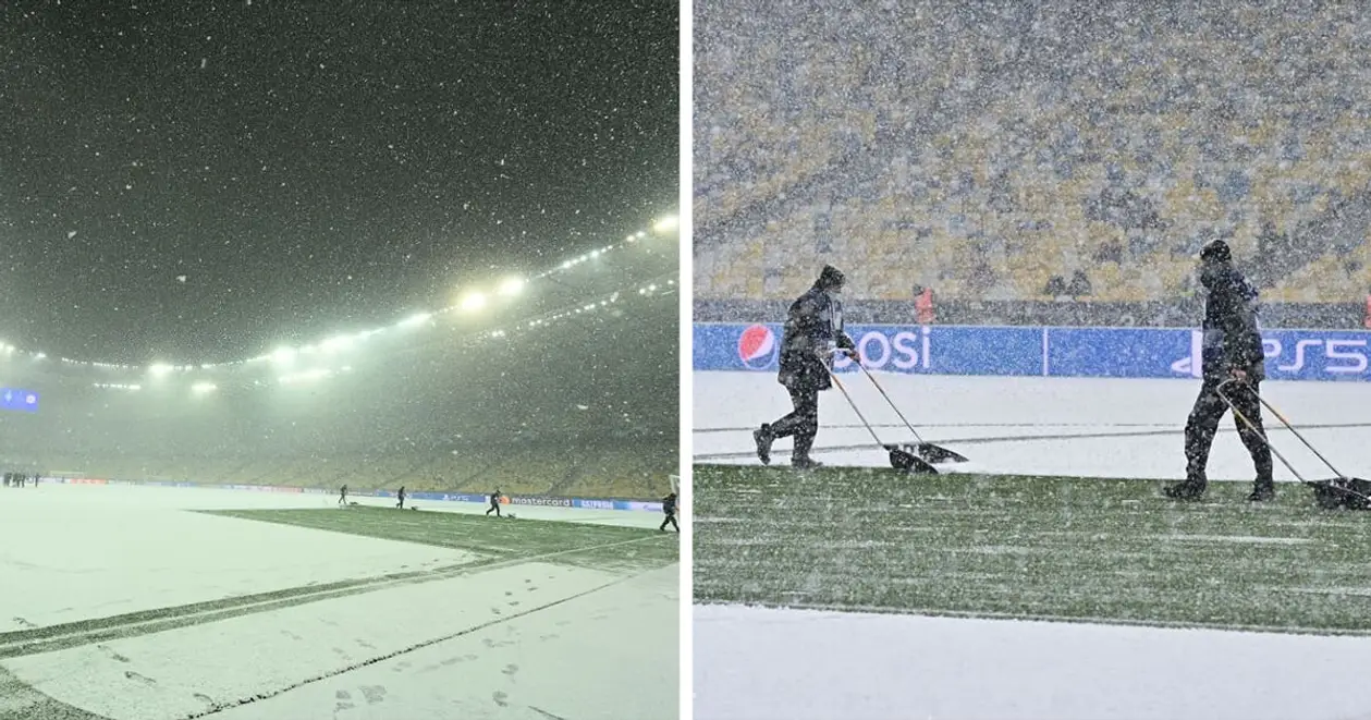 В Киеве сейчас сильнейший снегопад. Газон «Олимпийского» едва успевают чистить