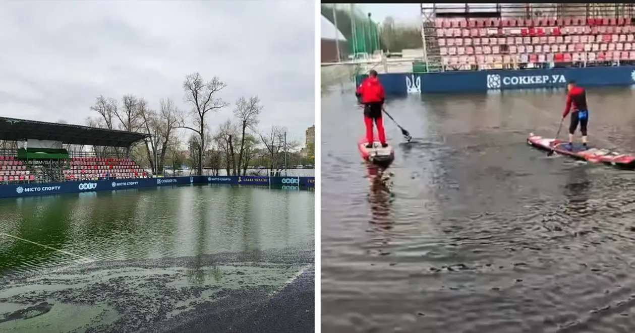 У Києві через підйом води у Дніпрі повністю затопило мініфутбольне поле. Місцеві спортсмени знайшли вихід (ВІДЕО)