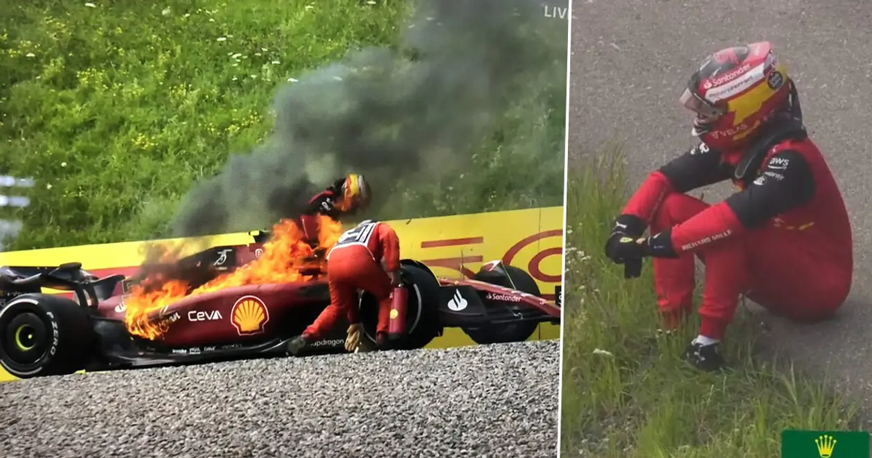 Моторошні кадри: Сайнс зійшов з траси на Гран-прі Австрії – у нього загорівся двигун