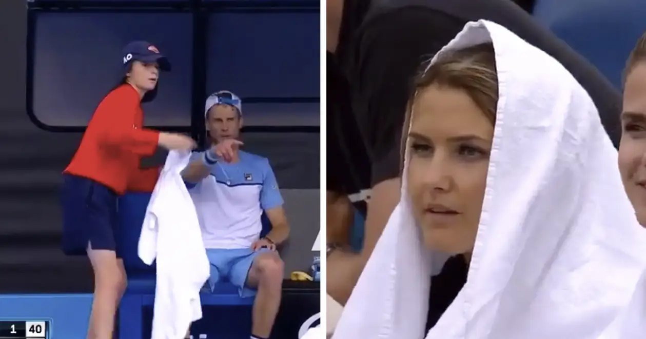 Милота дня. Теннисист во время матча отдал полотенце мокнущей на трибуне жене