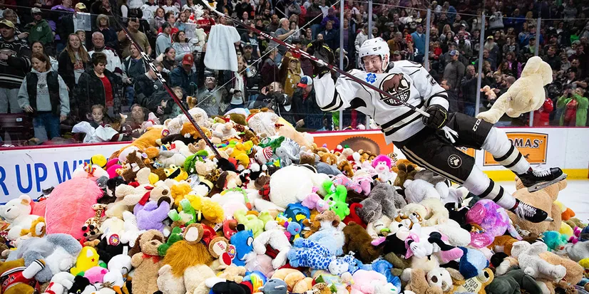 Новый мировой рекорд в хоккее: на лед выбросили 45 тысяч мягких игрушек