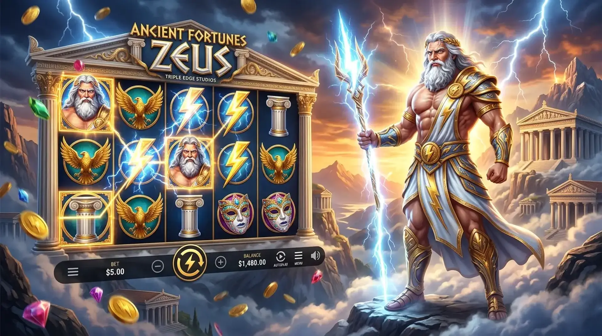 Огляд слоту Ancient Fortunes Zeus від Triple Edge Studios як грати, де знайти гру Ancient Fortunes Zeus