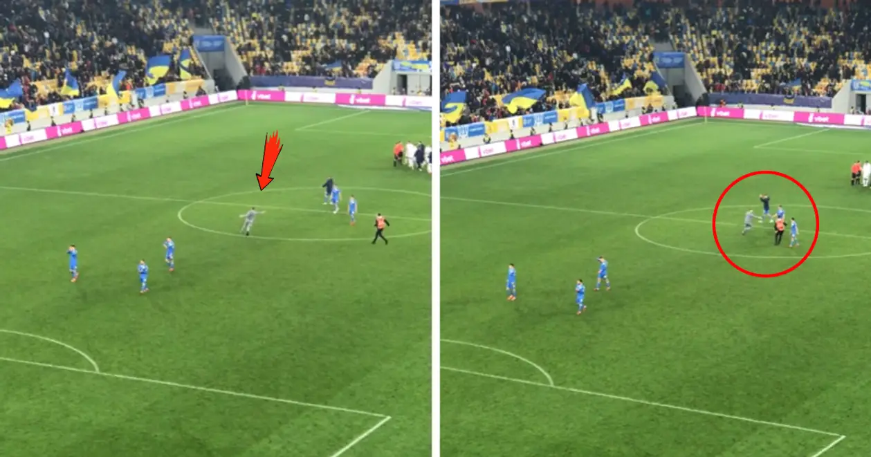 После матча Украина - Босния и Герцеговина на поле выбежал болельщик. Направлялся к кому-то из игроков