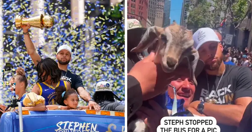 Вболівальники притягли козу у майці Каррі на чемпіонський парад «Голден Стейт». Стеф зупинив автобус, щоб зробити із нею фото 😎