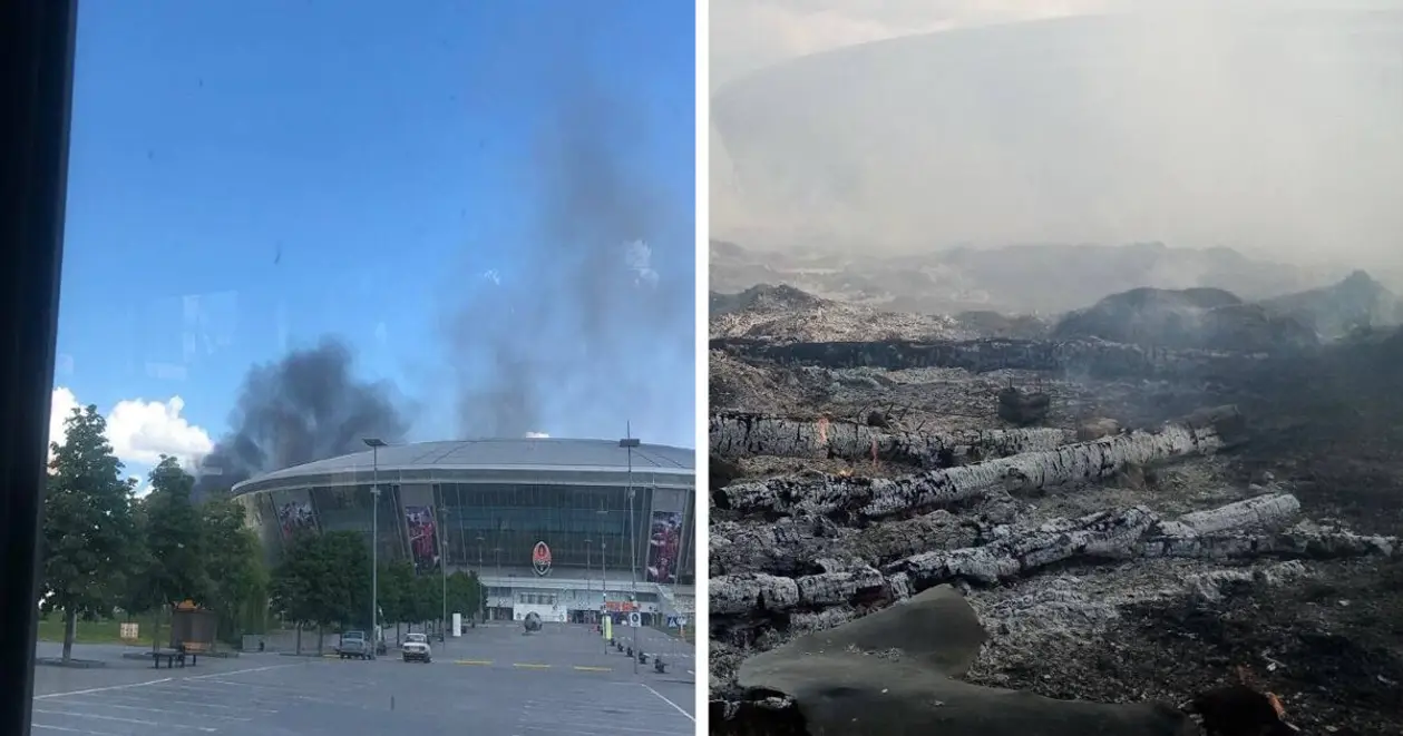 🤬 Територія «Донбас Арени» потрапила під ворожий обстріл. Біля стадіону «Шахтаря» вирує пожежа (Фото + відео)