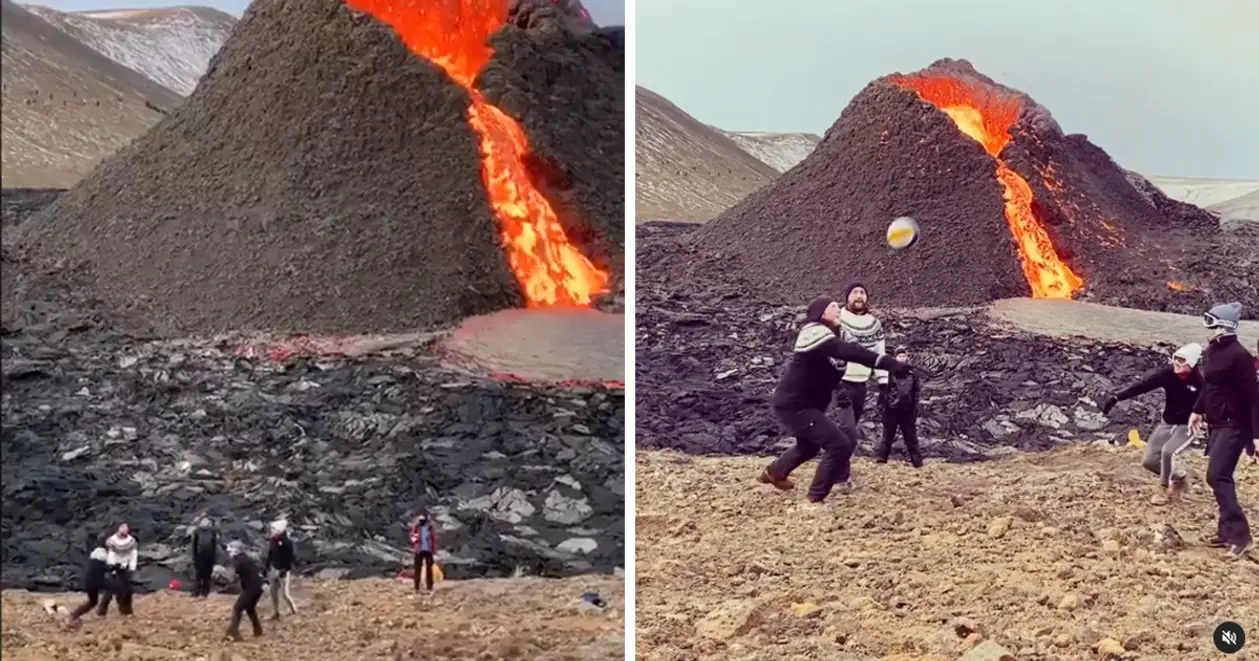 Ничего необычного, просто исландцы играют в волейбол рядом с извергающимся вулканом