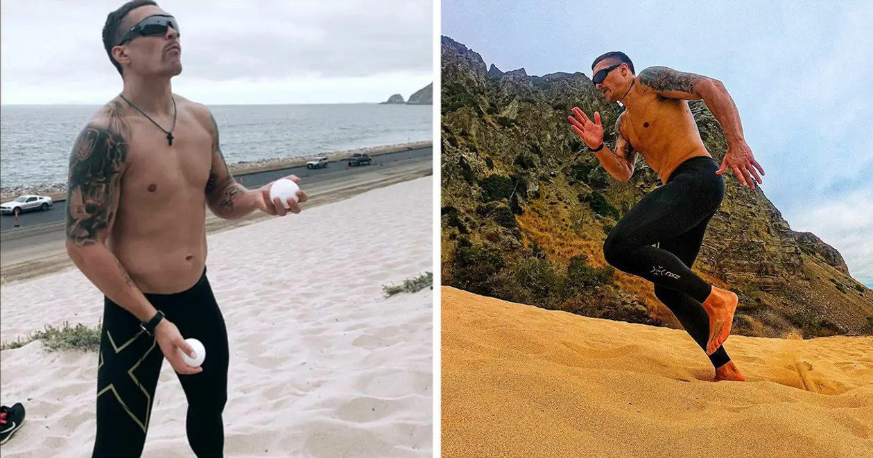 Видели, как Усик тренируется перед дебютом в супертяжах? Рывки по склону из песка и крутое жонглирование