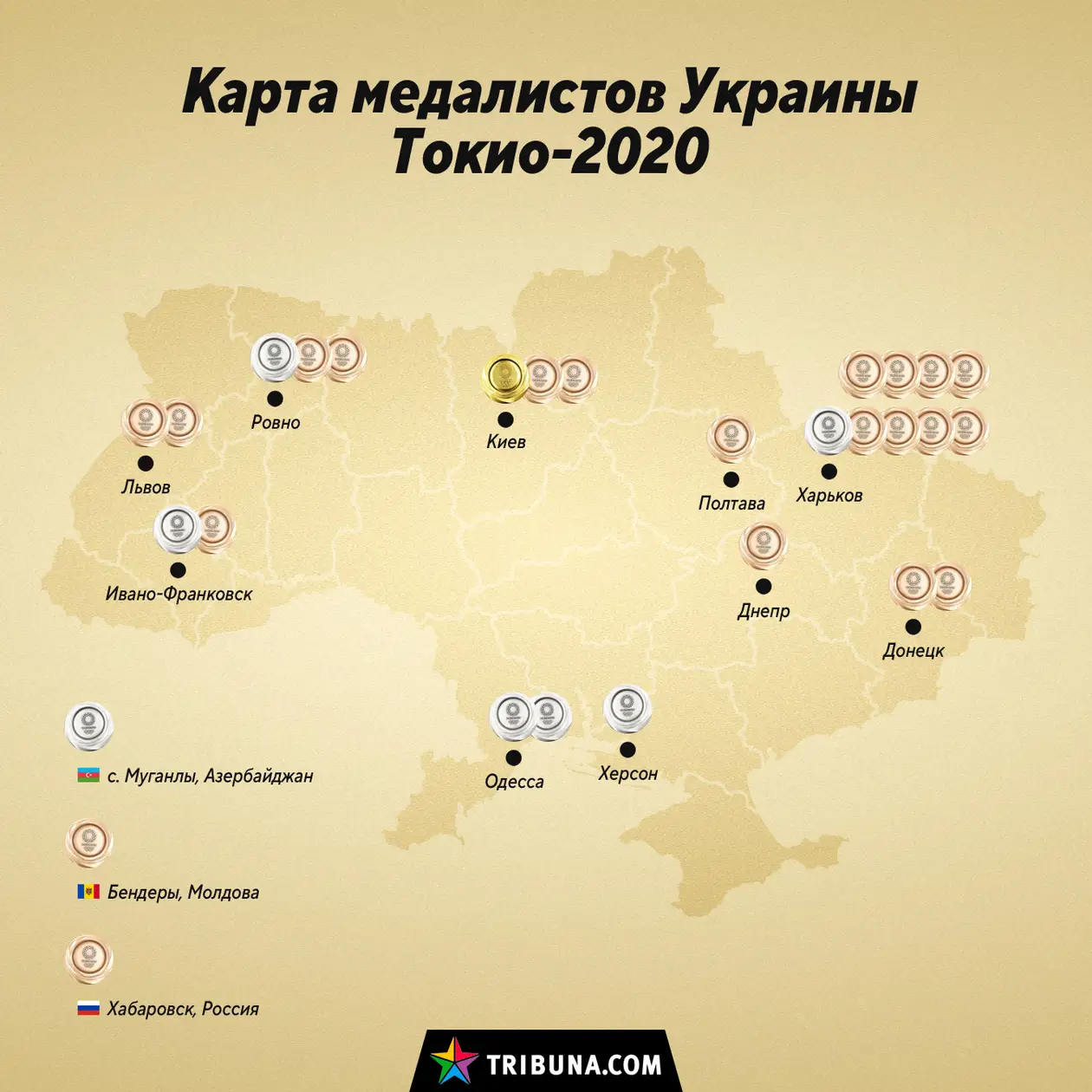 Карта украинских медалистов Олимпиады-2020