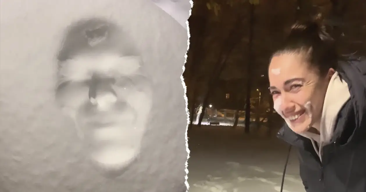 Холодно, але кумедно. Герасимова зробила маску власного обличчя зі снігу