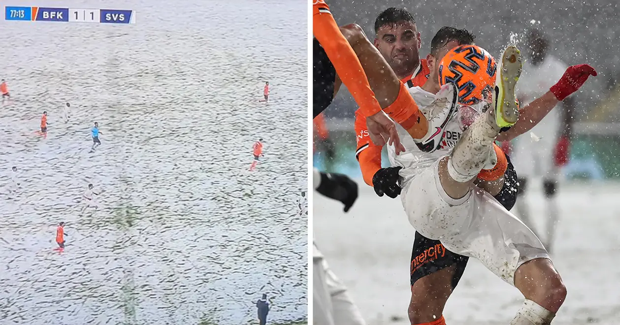 Коварство снежного футбола в Турции. Игроков в белой форме просто не видно ❄️