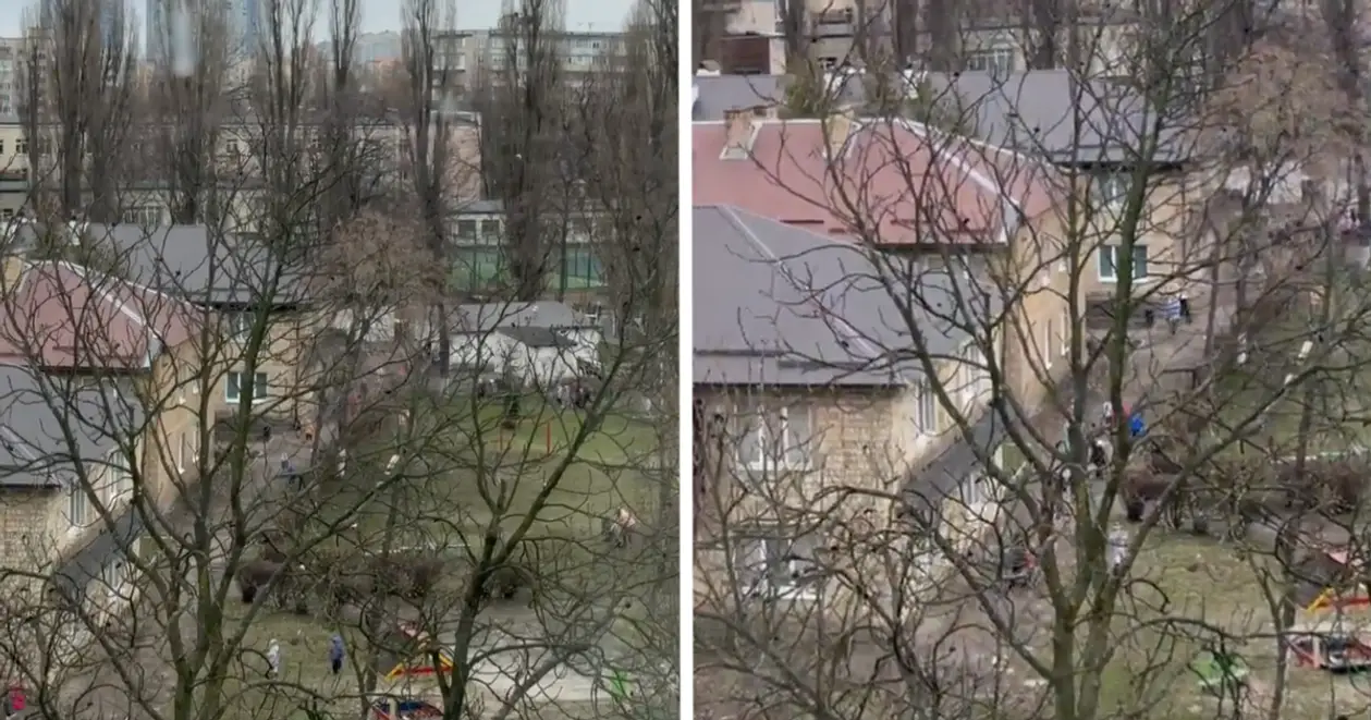 На відео потрапив момент, як діти біжать у бомбосховище дитячого садочку Києва, коли на фоні лунають вибухи