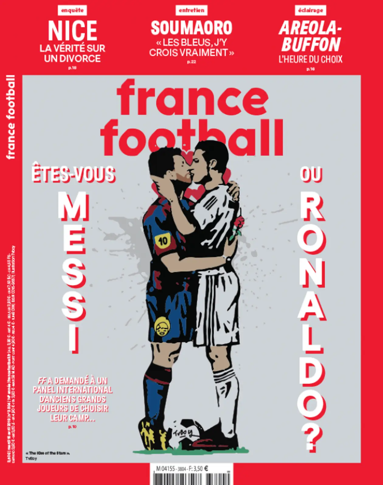 На обложке France Football – поцелуй Месси и Роналду. Этот рисунок появился в Барселоне еще в 2017-м