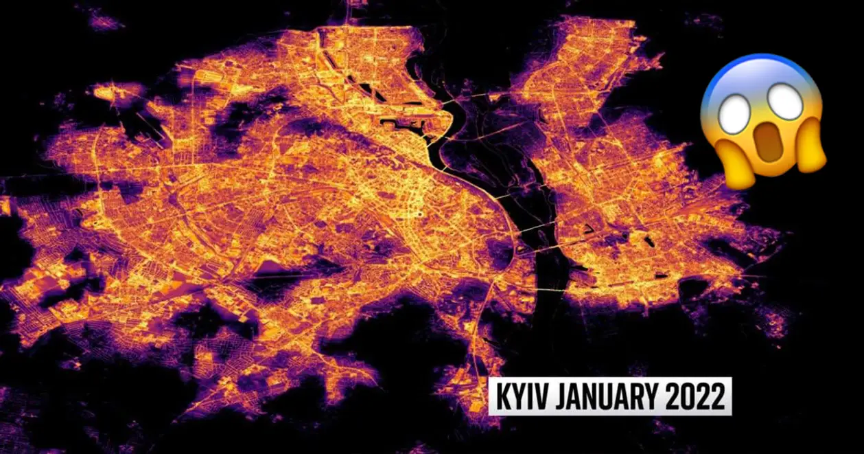 В мережі з'явились фото Києва з космосу до та після початку обстрілу критичної інфраструктури. Різниця вражає 😦