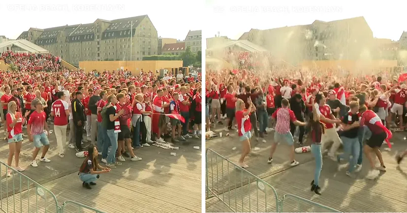 Датские болельщики в фан-зоне устроили пивной душ после первого гола сборной