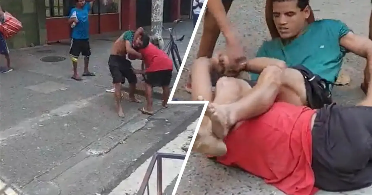 Вулична бійка в Бразилії перетворилась в ідеальний бій з джиу-джитсу. Зацініть постійні больові та задушливі прийоми 